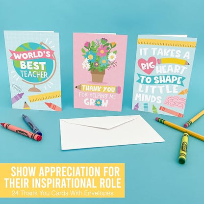 24 Teacher Thank You Cards with Envelopes Teacher Appreciation Cards Bulk - style: Pastel Crayons