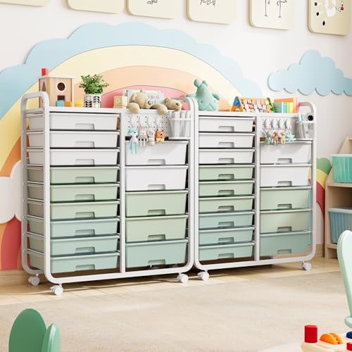 SYKIARIOL 14 Drawer Rolling Cart with Tabletop & DIY Pegboard, Storage Cart with Wheels, Classroom Organizers Utility Cart for Office Home School, Art Supplies, Mobile Craft Organizer, Green