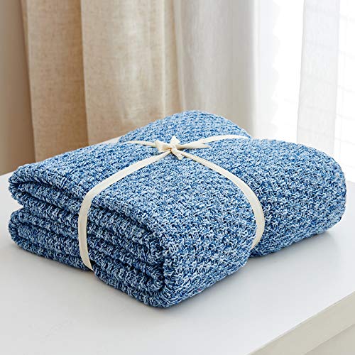 Longhui bedding 소파용 블루 니트 담요, 부드럽고 아늑한 세탁기 세탁 가능한 100% 면 소파 니트 담요, 무거운 1.3kg(2.8파운드), 127 x 160cm(50 x 63인치), 블루 및 화이트 색상, 세탁 가방 포함 - color: 블루 화이트., size: 51" x 63", Standard