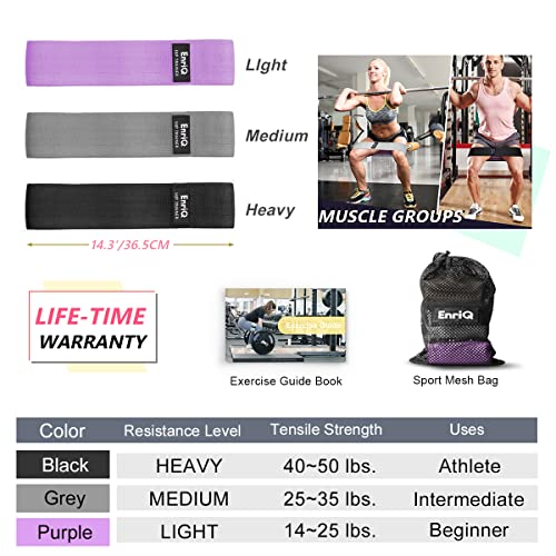 EnriQ Booty Bands Fabric Resistance Bands for Legs and Butt - Non Slip Cloth Hip Bands Elastic Workout Bands - Activate Glutes and Thighs - Made of Premium Elastic Fabric - color: Black grey purple