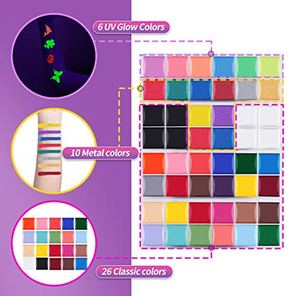 Face Painting Kit For Adult Party,42 Colors Professional Oil Face&Body Paint Kit with 10PCS Brushes 4PCS Reusable Face Stencils and 4PCS Paint Stencils for Adults Halloween Makeup