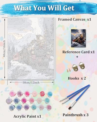 TOCARE Framed Paint by Numbers Kit for Adults, 12x16Inch Train Paint by Numbers with Frame, Snow Mountains Adult Paint by Number Framed Canvas Winter Nature Scenery(Without Easel) - color: TC-F-206