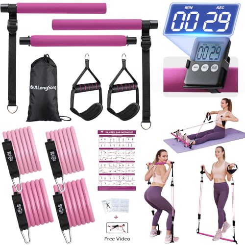 Upgraded Pilates Bar Kit with Resistance Bands Natural Latex for Women & Men, Heavy-Duty Stainless Steel Multifunctional Yoga Pilates Stick for Home Gym Exercise Fitness Equipment Full-Body Workouts - color: Purple Red