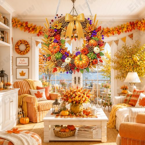Eiflow Hanging Diamond Art Fall Wreath Kit for Adults DIY Acrylic Diamonds Craft Painting Ornament Pumpkin Kit, Special Crystal Autumn Diamond Art Painting Window Door Hanging Pendant - color: Wreath