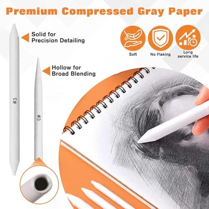 GOLD DEER 40PCS Sketch Drawing Tools, 15 Blending Stumps Set, Pencil Extender, Eraser, 2 Sketch Wipe Scrapers, 2 Sandpaper Pencil Sharpeners & 20 Sponge Replacement Heads with Felt Bag