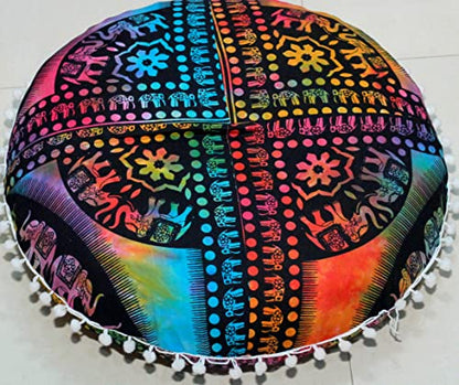 ICC Large Boho Ottoman Cover Pillowcase for Couch Floor Pillows & Cushion Covers Decorative Bohemian Hippie Mandala Pouf Pillow Cover Seating Meditation Cushion Cover (UP hathi, 32" Round) - size: 32" x 32" (Pack of 1), style: UP hathi