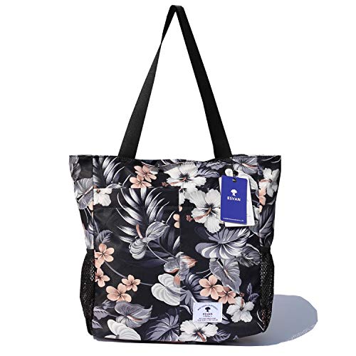 ESVAN Original Floral Tote Bag Large Shoulder Bag with Multi Pockets for Gym Travel Beach Daily Bags - color: C Black Gray Leaf