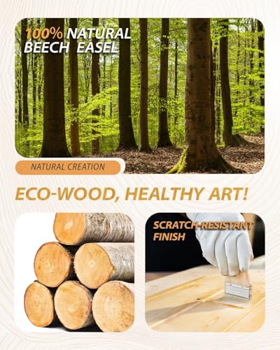 Beech Wood H-Frame Painting Easel Stand,Flat & Upright Adjustable Art Easel | Adjustable height 48"-80" & tilt 0°-90", fits 30"-50" canvas, Foldable wooden easel with storage drawer & trays for adults - color: Warm Natural