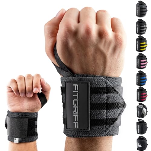 Fitgriff® Wrist Wraps for Weightlifting (18") Heavy-Duty Support for Gym, Bench Press, and Pushups (1 Pair) - for Men and Women (Grey/Black) - color: Grey/Black