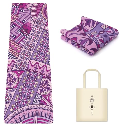 Travel Suede Yoga Mat 1.5mm Thick Non Slip Foldable Lightweigh Sweat Absorbent Exercise Mat for Hot Yoga Pilates Home Gym Outdoor, 72"L x 24"W, 3 lbs - color: Purple