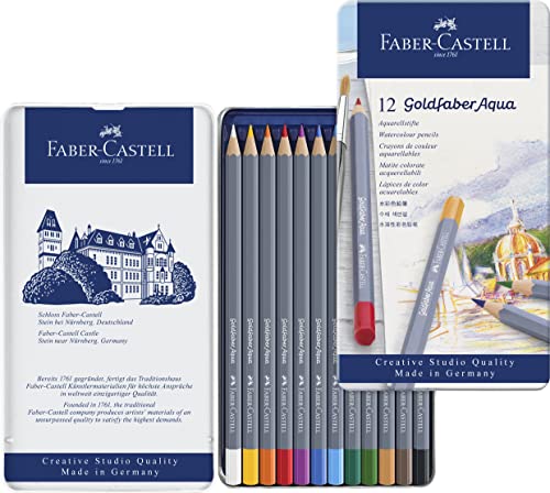 Faber-Castell Goldfaber Aqua Watercolor Pencils - Pre-Sharpened Water Colored Pencils (12 Count) | Shatterproof and fully water-soluble watercolour pencils in metal case