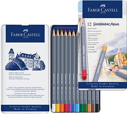 Faber-Castell Goldfaber Aqua Watercolor Pencils - Pre-Sharpened Water Colored Pencils (12 Count) | Shatterproof and fully water-soluble watercolour pencils in metal case