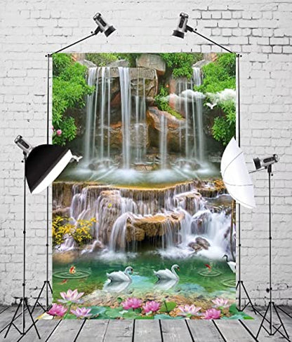 BELECO 4x6ft Fabric Forest Park Waterfall Backdrop Picturesque Swan Lake Lotus Pond Green Trees Scenery Photography Background Wallpaper Spring Summer Holiday Travel Portrait Photoshoot Props - size: 4x6FT
