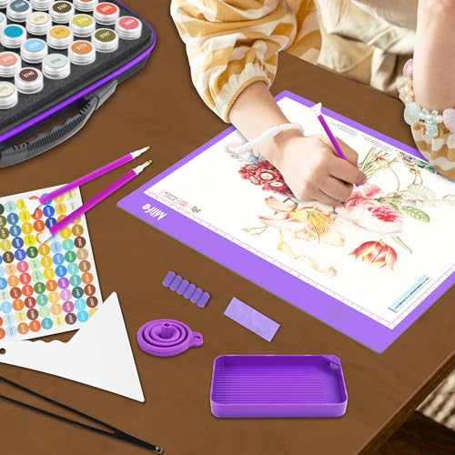 Mlife Diamond Art Painting Storage Boxes,1 Diamond Painting A4 Light Box Tracing Light Board with 3 Brightness, 80 Slots Bead Storage with 5D Diamond Art Accessories and Tools Kit（Purple） - color: purple