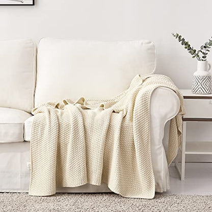 Longhui bedding 100% 면 니트 담요 - 크림, 부드럽고 아늑함, 세탁기 사용 가능, 152.4cm x 203.2cm(60 x 80인치) - 거실, 소파, 침대 또는 여행에 적합 - color: 크림, size: 60" x 80", Oversized