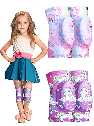 2 Pair Kids Knee Pad Unicorn Anti Slip Padded Sponge Knee Brace Breathable Flexible Toddler Knee Pads Elastic Children Knee Support for Girl Boy Sport Volleyball Dance Skating Basketball, 3-7 Years