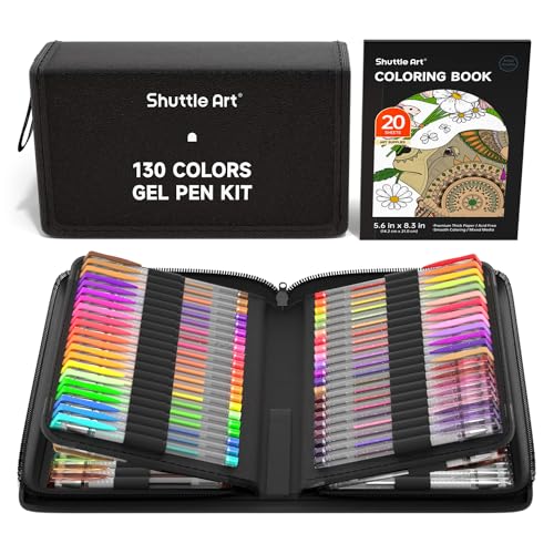 Shuttle Art Gel Pens, 130 Colors Gel Pen with 1 Coloring Book in Travel Case for Adults Coloring Books Drawing Crafts Scrapbooking Journaling - color: 130 Colors, style: Portable Case