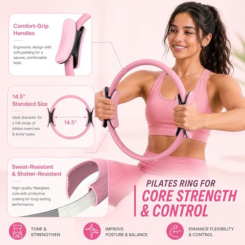 Pilates Kit for Home Workouts, Complete Pilates Starter Set for Women with Workout Guide, 15 Inch Pilates Ring, Mini Pilates Ring, Ball, Resistance Bands, Yoga Strap, Grip Socks & Carry Bag