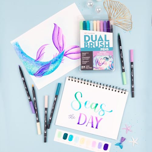 Tombow 56256 Dual Brush Pen Art Markers, Mermaids, 10-Pack. Brush/Fine Tips