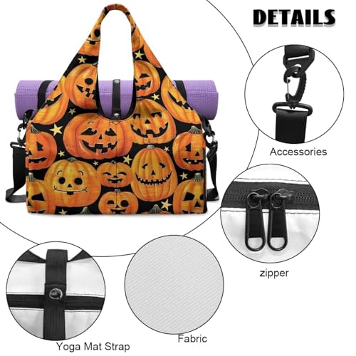 Gym Bag with Yoga Mat Holder Large Tote Bag With Multi Pockets for Women Men Dry Wet Separated Pocket Carryall Yoga Tote Bag for Pilates Travel Workout Office - color: Halloween Pumpkin