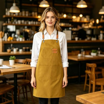 AFUN Chef Aprons for Women Men with Oversized Pockets, 12-Ounce Cotton Canvas Cross Back Water Repellent Apron (Brown) - color: Brown