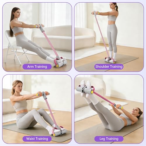 Pedal Resistance Band with Handle, 6-Tube Natural Rubber Exercise Bands - color: Gray & Pink