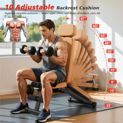 XDDIAS Workout Bench, 10 Backrests Adjustable Weight Bench with Extended Headrest, 800LBS Foldable Weight Bench for Home Gym, Incline Decline Flat Bench Compact for Small Space Training