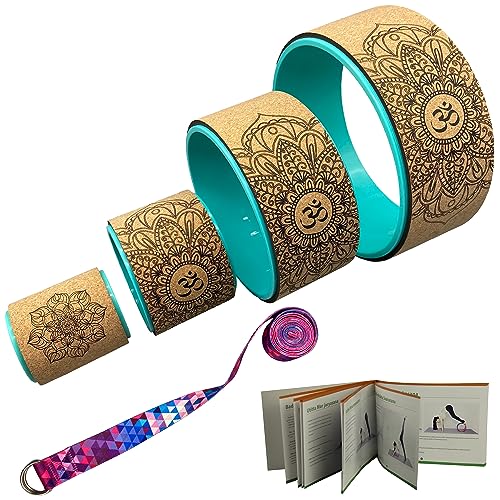 Aozora Yoga Wheel 13" with Most Detailed Book Step by Step Guide on How to Do 30+ Poses! Perfect for Stretching and Improving Backbends - color: 4 Pack - 4, 6, 10 & 13" -Cork/Turquoise +strap