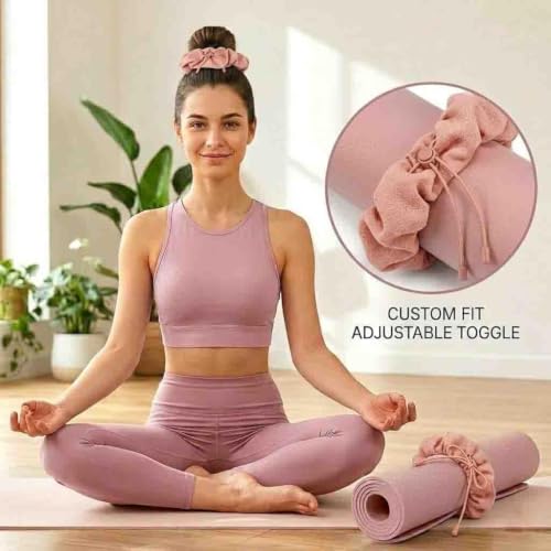 Aolamegs Adjustable Yoga Mat Scrunchie, 2-in-1 Mat Strap and Hair Tie, Fits All Standard & Extra Thick Yoga Mats - color: Pink Adjustable Elastic Mat Scrunchie