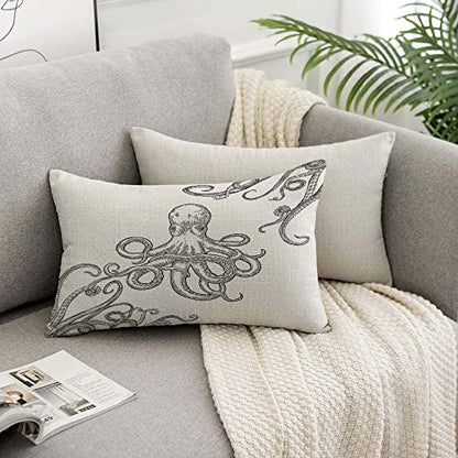 TKS MITLAN Octopus Throw Pillow Case Cushion Cover Tentacles in a Rough Wood Cut Style Linen Couch Bed Sofa Car Waist Cushion Cover 12 x 20 inch - color: Octopus 2, size: 20" x 12" (Pack of 1)