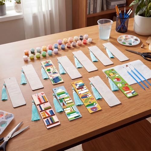 Kosiz 12 Pcs Book Paint by Number Kit for Adult Wood Bookmark | Mini Paint by Numbers Kit, Painting Decor, Back to School Tassels Blank Bookmark, for Small DIY Craft Book Lovers Gift 7x2 '' - style: Book