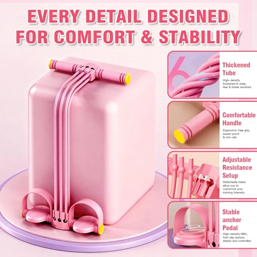 Multifunction Foot Pedal Resistance Bands with Handles, 6-Tube Adjustable Elastic Yoga Exercise Bands, Home Gym Fitness Equipment for Abdomen, Core, Waist, Arm, Leg Stretching（Pink）