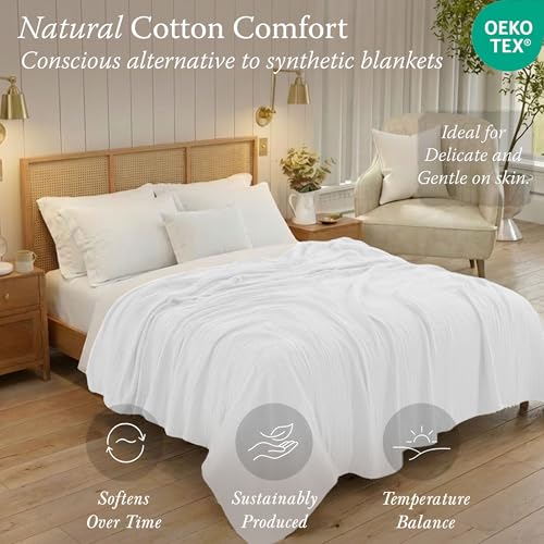 Threadmill Cotton Twin Blanket, Muslin, White, 4-Layer Design, All-Season | 100% Cotton, Muslin Weave, Breathable, All-Season, Lightweight, OEKO-TEX Certified, Machine Washable - color: White, size: Twin