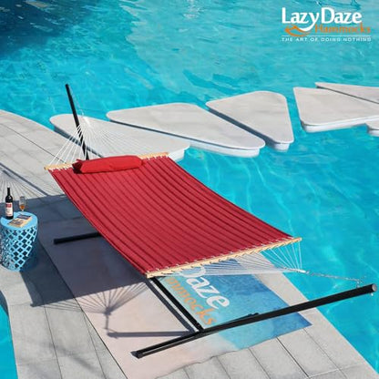 Lazy Daze 12 FT Double Hammock with Spreader Bar for Outside, Burgundy | 2 Person Heavy Duty Hammock with Detachable Pillow and Carabiners for Outdoor Backyard Poolside, 450lbs Weight Capacity - color: Burgundy