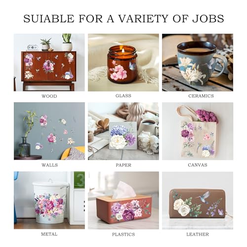 Joeyan Floral Rub On Transfers for Furniture and Crafts, 2 Large Watercolor Peony Design Sheets 12''x18'', DIY Home Decal on Wood Glass Metal Canvas Porcelain Paper Plastic, Pink and Purple - style: Pink and Purple Peony