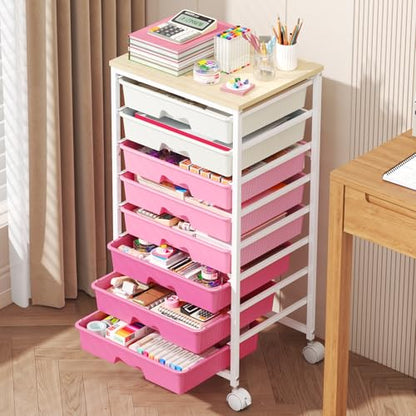 Goovilla Rolling Cart with 8 Drawers for Art, Dorm, Office, Craft, Pink | Utility Cart Organizer With 8 Removable Drawers and Wooden Tabletop, Lockable Rolling Storage Organizer for Classroom, Home - size: Pink