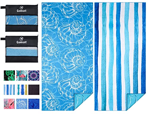 Microfiber Beach Towel Oversized 71x32, Thin, Blue with Bag 2 Pack | Lightweight Sand Free Absorbent Quick Dry Compact Extra Large for Adult Travel Camping Pool Swim Bath Cruise Essentials Gift - color: 2 Pack Blue Shell Stripes