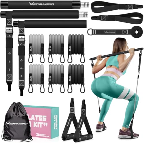 Pilates Bar Kit with 6 Latex Resistance Bands, Adjustable Exercise Bar - color: Black