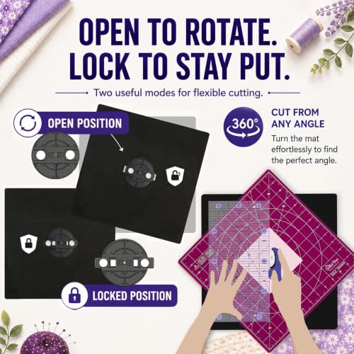 The Quilted Bear 12" x 12" Rotating Self-Healing Cutting Mat, Pink | Square Mat, 360° Rotation, Locking Mechanism, 5-Layer Surface, Non-Slip Base, Clear Inch Grid & Angle Guides for Quilting - color: Pink, size: 12"L x 12"W