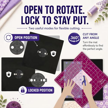 The Quilted Bear 7" x 7" Rotating Self-Healing Cutting Mat, Pink | Square Mat, 360° Rotation, Locking Mechanism, 5-Layer Surface, Non-Slip Base, Clear Inch Grid & Angle Guides for Quilting - color: Pink, size: 7"L x 7"W