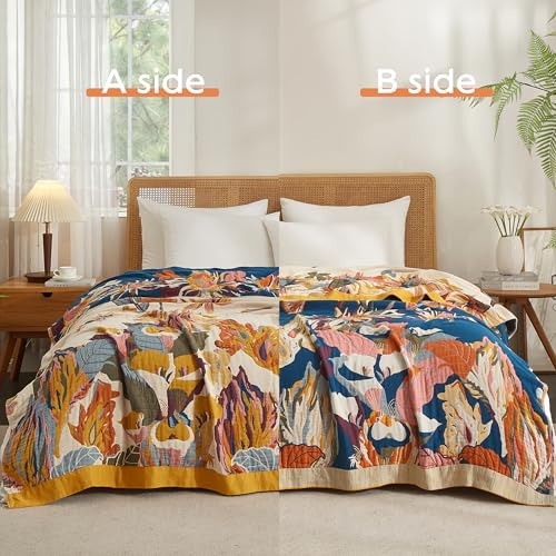 Boho Throw Blanket for Bed 80”x90”, 100% Cotton Blanket for Couch Sofa | Ultra Soft 4-Layer Muslin Woven Quilt with Vintage Floral Printed, Farmhouse Bed Blanket/Cover for Living Room Decor - color: G - Boho Floral, size: 80“ x 90”