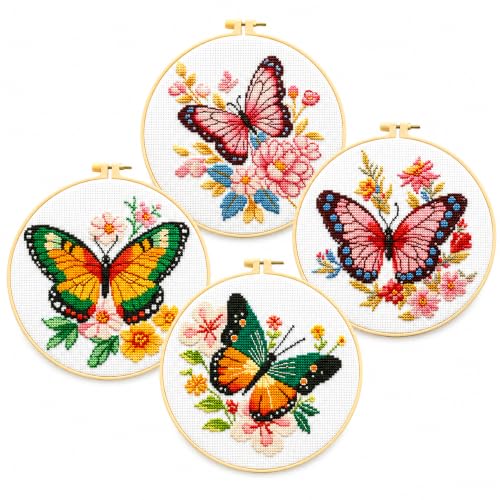 Zhenqing 4 Butterfly Floral Cross Stitch Kit, 11CT Printed Fabric with Hoop | 4 butterfly floral designs with 11CT printed fabric, floss, one hoop, tools and English guides. - color: 4 Butterfly Kit