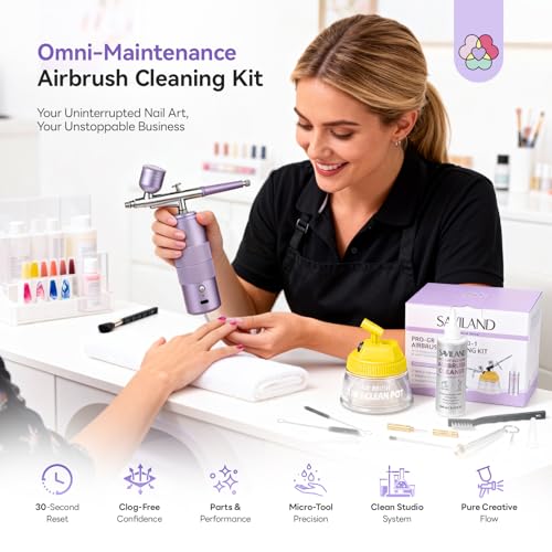 SAVILAND All-in-1 Airbrush Cleaning Kit: 240 ml Fast Airbrush Cleaner Low Odor & Needles Kit 3-in-1 Airbrush Cleaning Pot Easily Handle Water-Based & Acrylic Airbrush Paint Nail Art Painting Tools - color: White-Grey