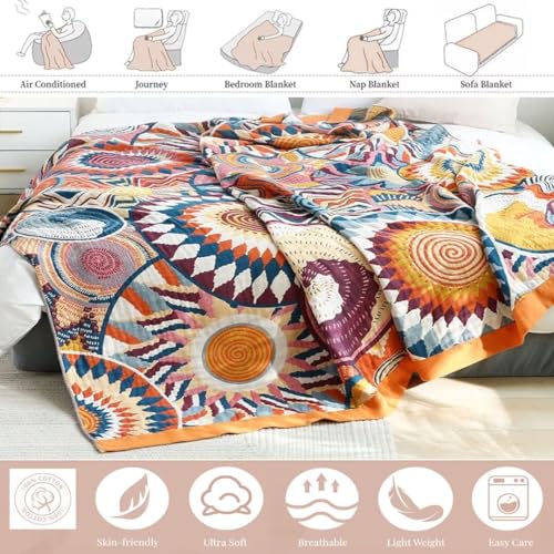 Boho Throw Blanket for Bed 100% Cotton Bohemian Blankets Ultra Soft Woven Muslin Decorative Blankets All Seasons Vintage Quilt Knitted Blanket for Sofa Chair (Colorful, 90"x98") - color: K-colorful World, size: 90"x98"