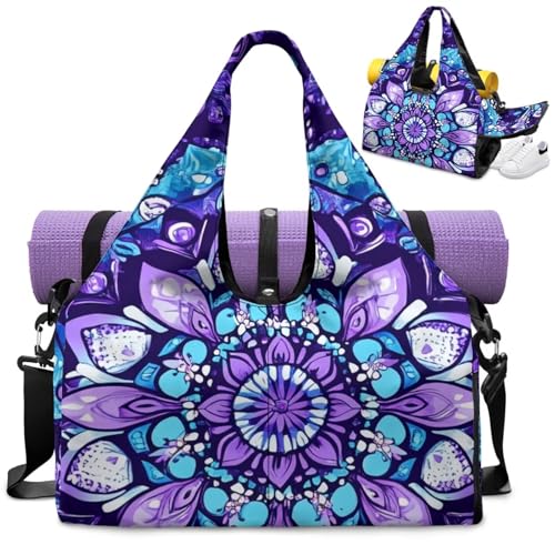 Purple Mandala Gym Bag for Women Double Zipper Durable Gym Tote with Yoga Mat Holder Sports Bag with Shoe Compartments, Sports Duffel Bags for Cheer Team - color: Purple Mandala