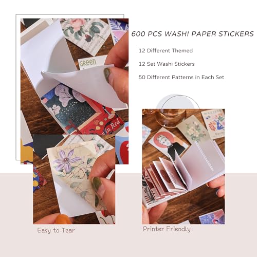12 Sets 600 Sheets Washi Stickers for Journaling, Boho, Abstract, Vintage Scrapbook Sticker Set for Bullet Journal Art Diary Card Craft Gifts Planner Notebook - style: Abstract Style