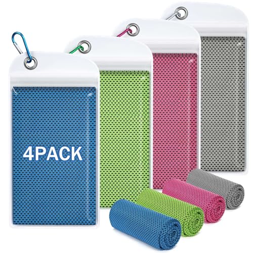 Hemndic 4 Pack Cooling Towels (40"x12"), Soft Breathable Cooling Towels for Neck and Face, Microfiber Workout Towels for Yoga, Golf, Running, Hiking & More Activities - color: Blue/Green/Pink/Gray