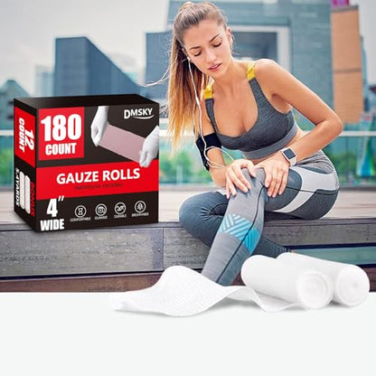 DMSKY 180 Pack Gauze Rolls, 4 in x 4.1 Yards | Individually Wrapped Gauze Wrap Roll for Wounds, Premium Rolled Gauze Bandage Wrap, Mummy Wraps - color: 180pack, size: 4 IN