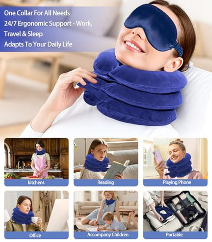 Adjustable Inflatable Cervical Traction Device, Soft Neck Stretcher Support Pillow with Sleep Eye Mask-Blue