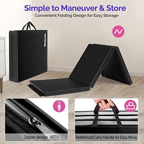 Matladin 6' Folding Tri-fold Gymnastics Gym Exercise Aerobics Mat, 6ft x 2ft x 2in PU Leather Tumbling Mats with Hook & Loop Fastener for Stretching Yoga Cheerleading Martial Arts - color: Black